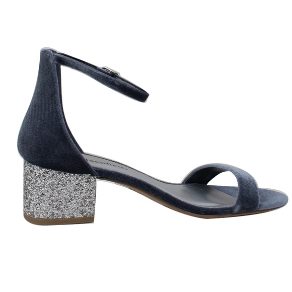 Blue Velvet Open Toe  Glitter Block Heel Sandal - Picture 3 of 4